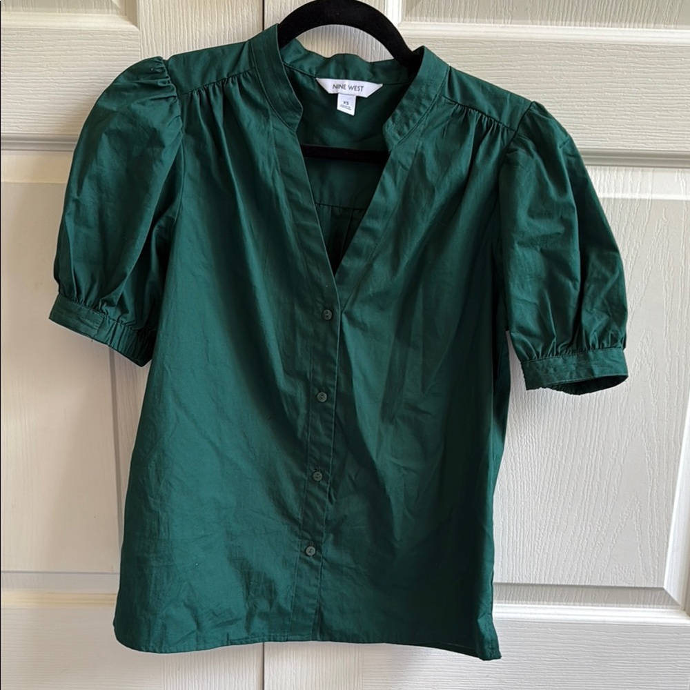 ❤️Nine West Green Puff Sleeve Blouse with Mandarin Collar ❤️